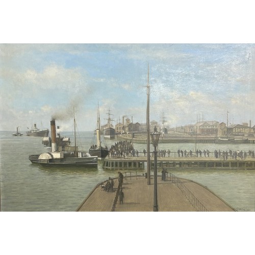 1328 - Walter Goodin (British 1907-1992) oil on board of Hull Corporation Pier signed and dated 1983 lower ... 