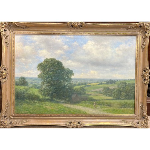 1327 - Walter Goodwin (British 1907-1992)  'View near Garrowby' oil on board, rural landscape with man and ... 