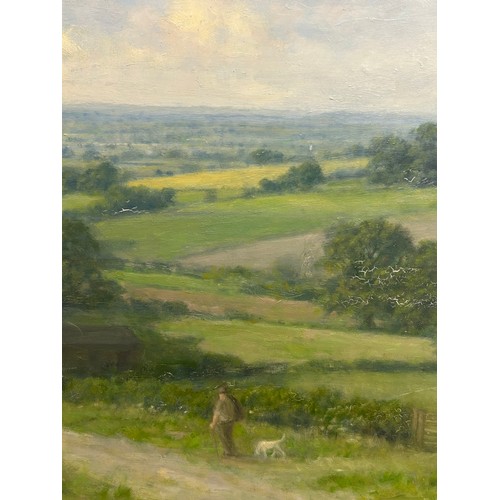 1327 - Walter Goodwin (British 1907-1992)  'View near Garrowby' oil on board, rural landscape with man and ... 