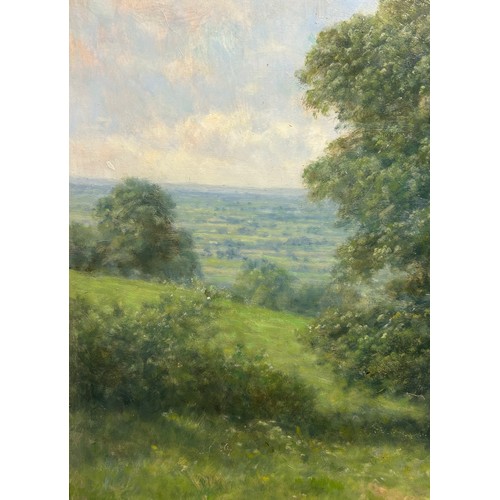 1327 - Walter Goodwin (British 1907-1992)  'View near Garrowby' oil on board, rural landscape with man and ... 