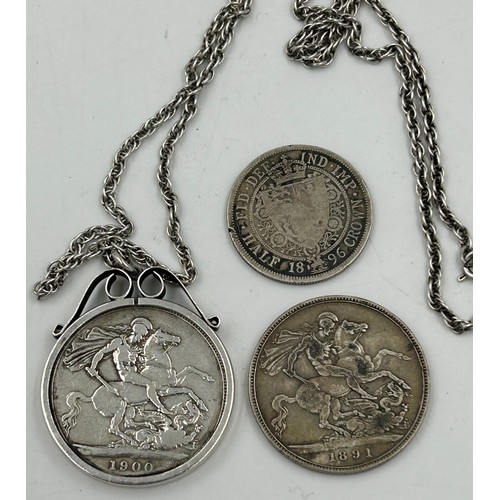 749 - Three silver Victorian Coins to include 1900 Veiled Crown 1900 on a silver chain and mount, 1891 Jub... 