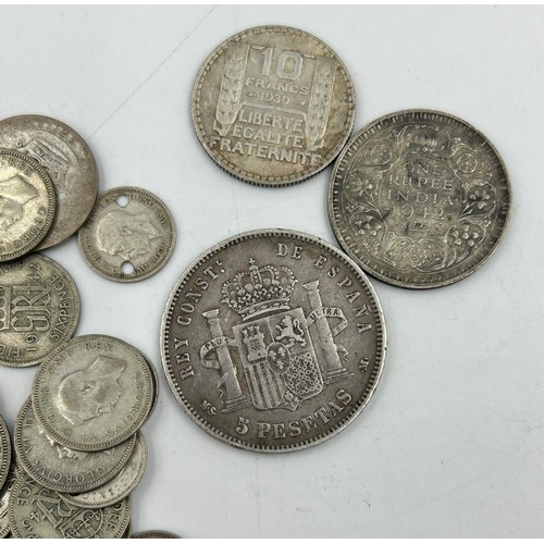 751 - A collection of silver UK coinage pre 1947 post 1921 along with a few small European coins.
weight 2... 