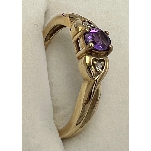 674 - A 9 carat gold amethyst and diamond set ring, size P. Weight 2.5gm.