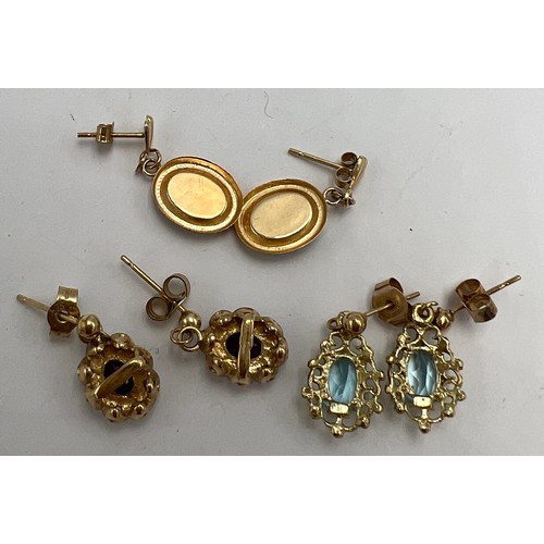 690 - Three pairs of gem set earrings, all in unmarked yellow metal. Backs marked .375 or 9ct.