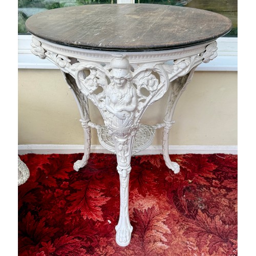 16 - A 19thC cast iron pub table with mahogany top, A. Reynolds & Co Bar Fitters Leeds. 77 h x 65cm d.