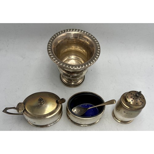 852 - Silver to include three piece cruet with spoons, Birmingham 1932 and .925 cup, 7cm h. Total weighabl... 