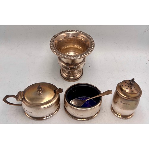 852 - Silver to include three piece cruet with spoons, Birmingham 1932 and .925 cup, 7cm h. Total weighabl... 