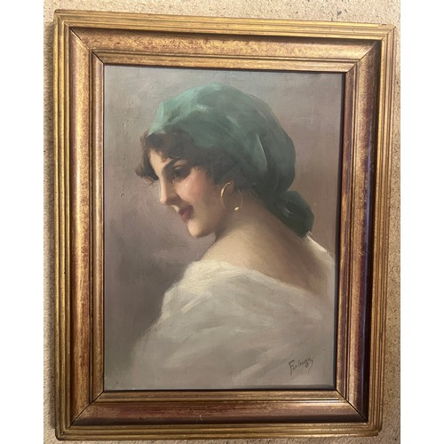 1324 - An oil on canvas portrait of a lady in a green headscarf believed to be Muriel Thetis Wilson (1875-1... 