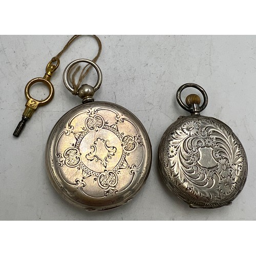 706 - Two continental silver pocket watches, one with enamelled dial, the other silvered.