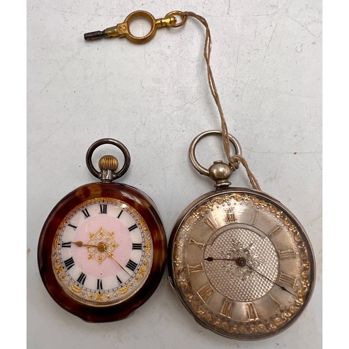 706 - Two continental silver pocket watches, one with enamelled dial, the other silvered.