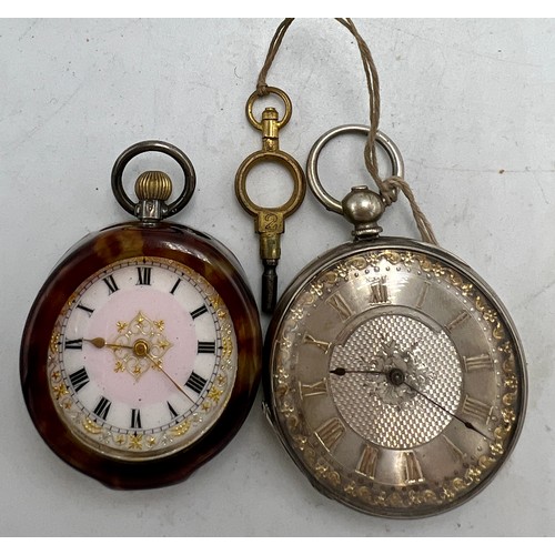 706 - Two continental silver pocket watches, one with enamelled dial, the other silvered.