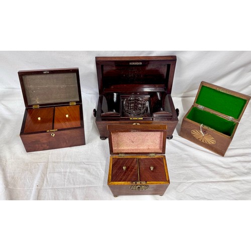 898 - Four various 19thC tea caddies, together with a mantel clock, a pair of brass candlesticks and a qua... 