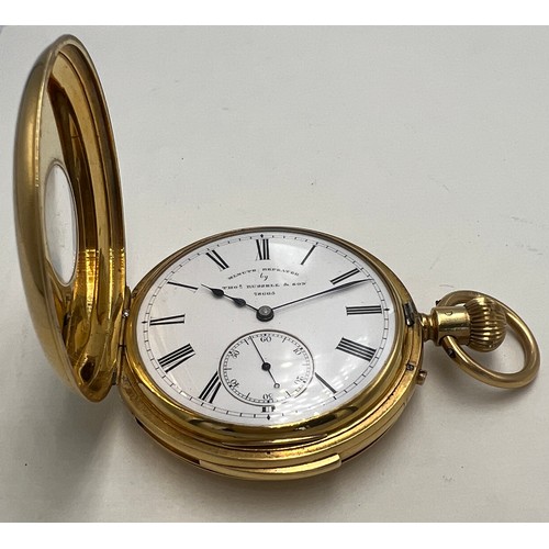 707 - An 18 carat gold half hunter minute repeater chiming pocket watch with subsidiary seconds dial. Thom... 