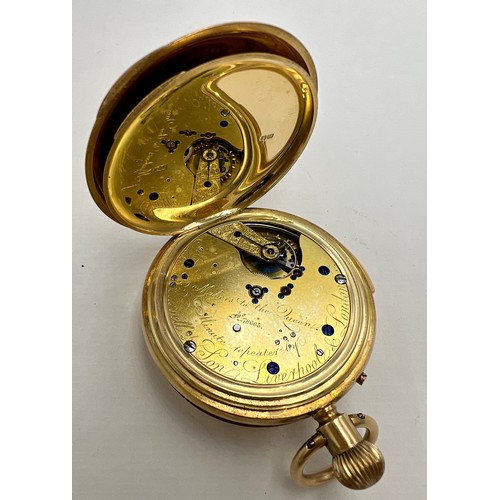 707 - An 18 carat gold half hunter minute repeater chiming pocket watch with subsidiary seconds dial. Thom... 