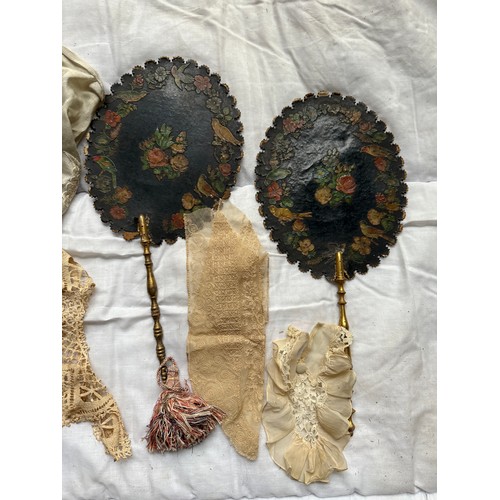 888 - Two 19thC face shields with decoupage decoration, collars, shawl etc.