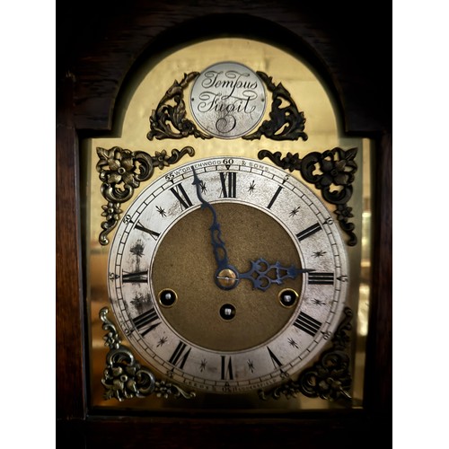 1000 - An oak grandmother clock with barley twist columns to top and brass face. 176 h x 38cm w.