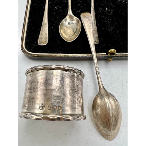 861 - A boxed set of six silver teaspoons, Birmingham 1929, together with a napkin ring Birmingham 1929. T... 