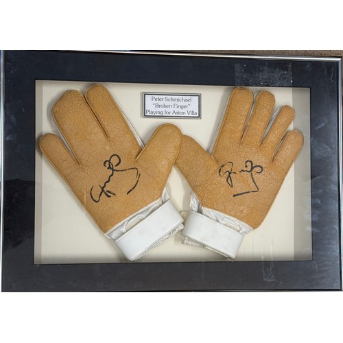 897 - Peter Schmeichel match worn 'Broken Finger' Gloves. Playing for Aston Villa. Signed. Framed. His nam... 