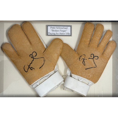 897 - Peter Schmeichel match worn 'Broken Finger' Gloves. Playing for Aston Villa. Signed. Framed. His nam... 