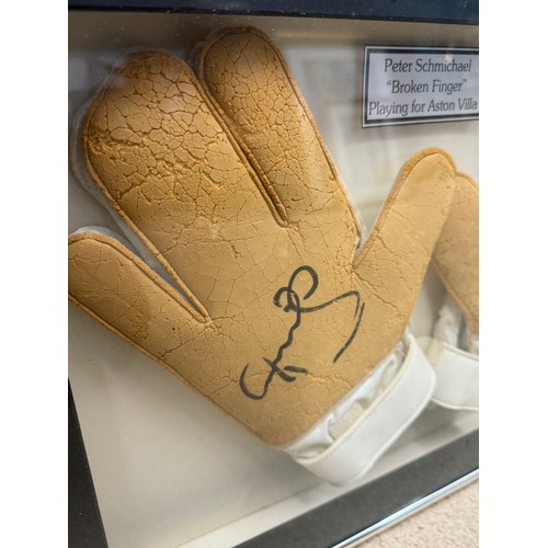 897 - Peter Schmeichel match worn 'Broken Finger' Gloves. Playing for Aston Villa. Signed. Framed. His nam... 