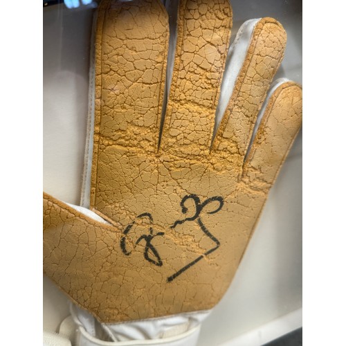 897 - Peter Schmeichel match worn 'Broken Finger' Gloves. Playing for Aston Villa. Signed. Framed. His nam... 