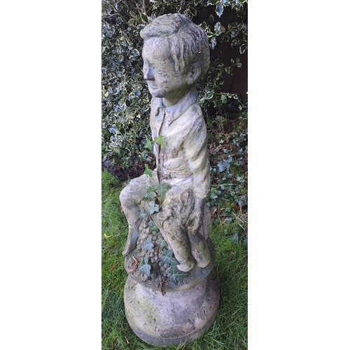 4 - A reconstituted stone figure of a boy sitting on a barrel. Fountain? 109 h x 160cm w.