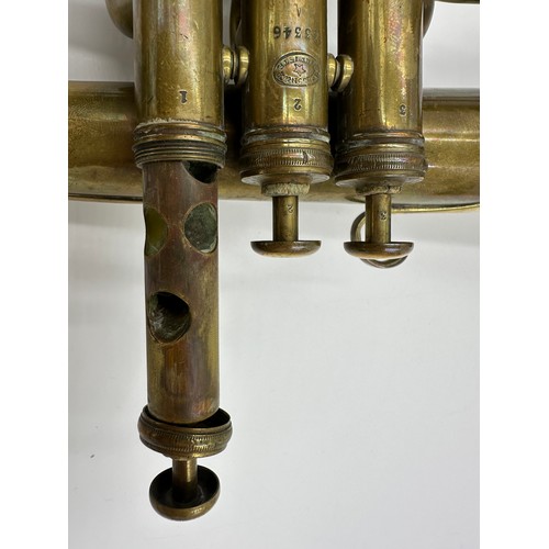 950 - A Besson & Co 'Prototype' Class A Brass Flugelhorn in green carrier along with a cornet, unmarked in... 