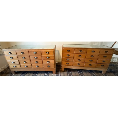 Two oak shop counter display drawers with glass tops and sides. 150 w x 58 x 90cm h.