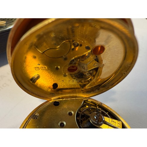 703 - An 18 carat gold ladies pocket watch with white porcelain face in original fitted case with key. Mar... 