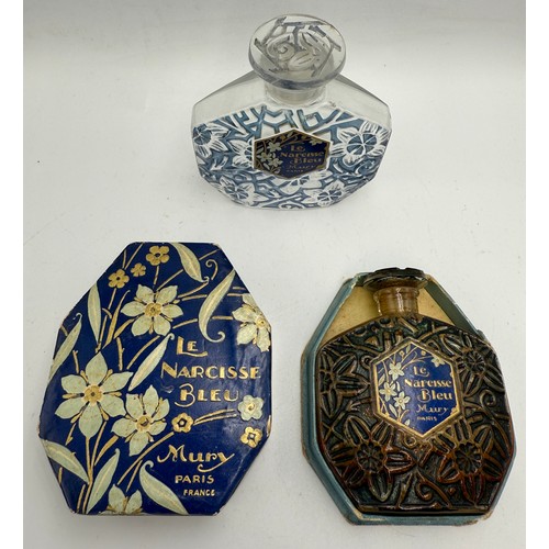 Two 1920's Mury Le Narcisse Bleu perfume bottles, one in original