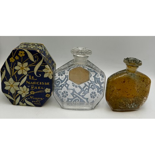 Two 1920's Mury Le Narcisse Bleu perfume bottles, one in original