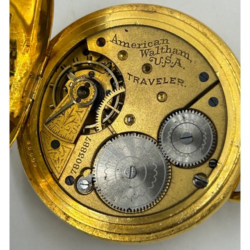 997 - American Waltham Traveler - Gold Filled base keyless Full Hunter Pocket Watch 'guaranteed to be of t... 