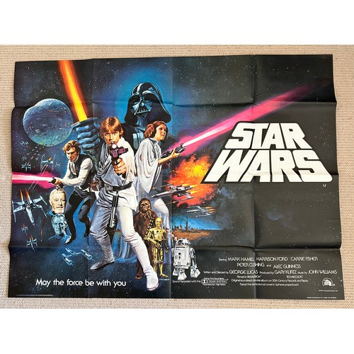 Star Wars (1977), Pre-Oscars original British Quad Film Poster, artwork by Tom Chantrell, printed by W.E. Berry. Folded, 30 x 40 inches. Excellent condition. Unused.
