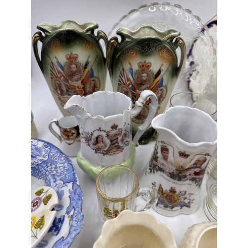 17 - A quantity of mainly 19thC ceramics and glass to include two Staffordshire dogs, Belleek, coronation... 