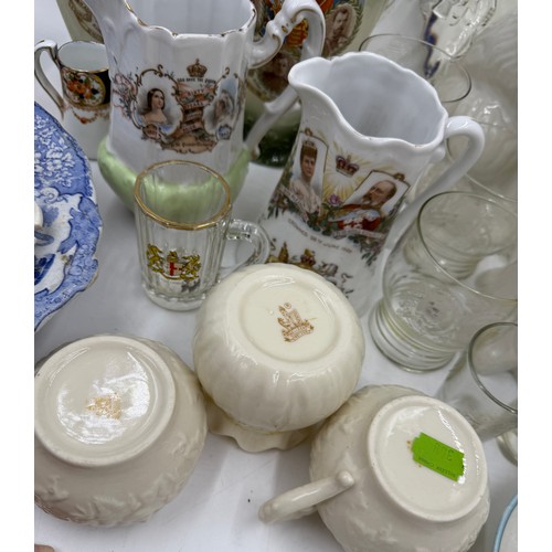 17 - A quantity of mainly 19thC ceramics and glass to include two Staffordshire dogs, Belleek, coronation... 