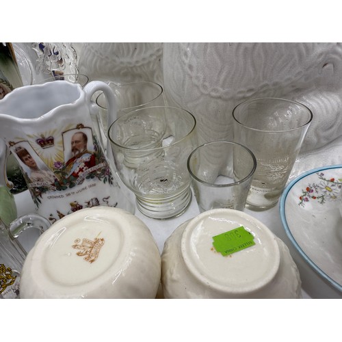 17 - A quantity of mainly 19thC ceramics and glass to include two Staffordshire dogs, Belleek, coronation... 