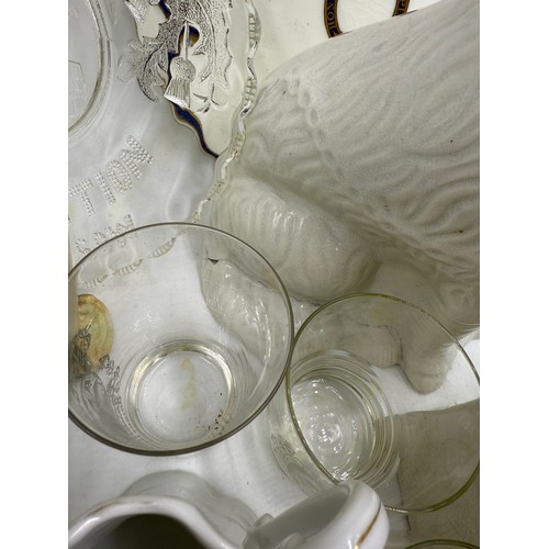 17 - A quantity of mainly 19thC ceramics and glass to include two Staffordshire dogs, Belleek, coronation... 