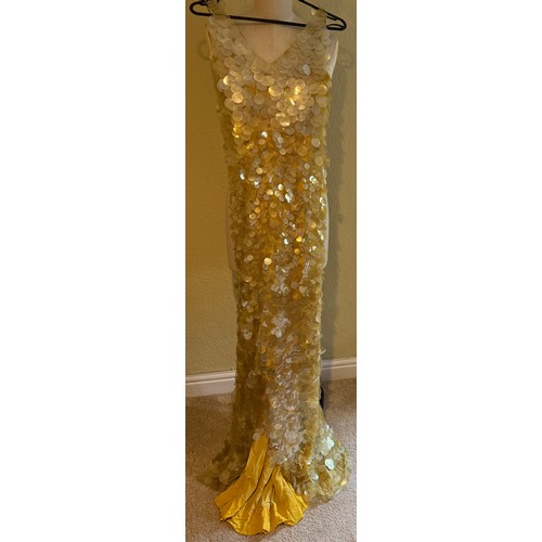 504 - A 1930's Peter Russell canary yellow sequinned bias cut dress of cotton tulle over a silk crepe bias... 