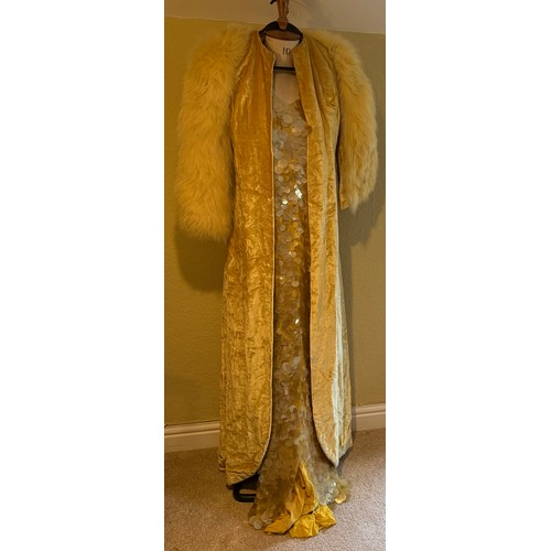 504 - A 1930's Peter Russell canary yellow sequinned bias cut dress of cotton tulle over a silk crepe bias... 