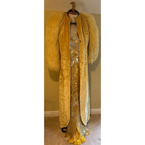 504 - A 1930's Peter Russell canary yellow sequinned bias cut dress of cotton tulle over a silk crepe bias... 