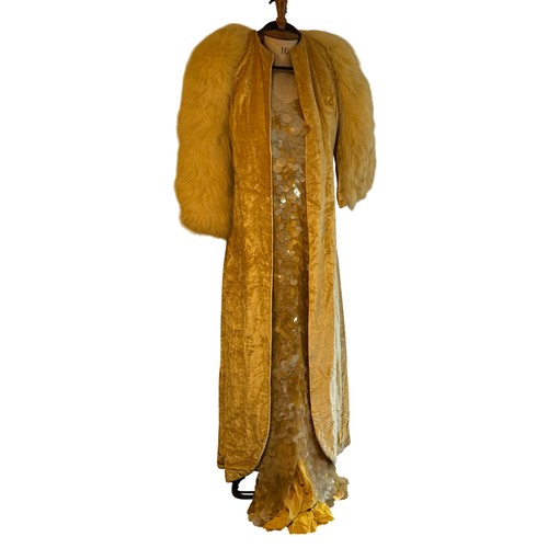 504 - A 1930's Peter Russell canary yellow sequinned bias cut dress of cotton tulle over a silk crepe bias... 