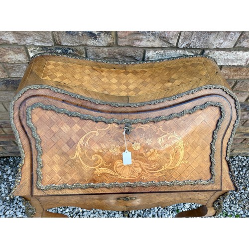 1 - A French style marquetry and parquetry ladies desk with cabriole legs, ormolu mounts and fitted draw... 