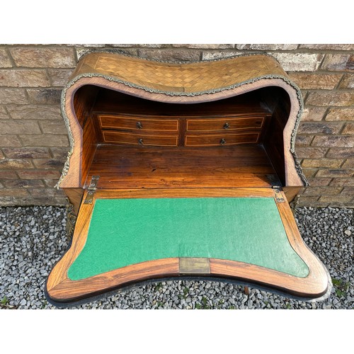 1 - A French style marquetry and parquetry ladies desk with cabriole legs, ormolu mounts and fitted draw... 