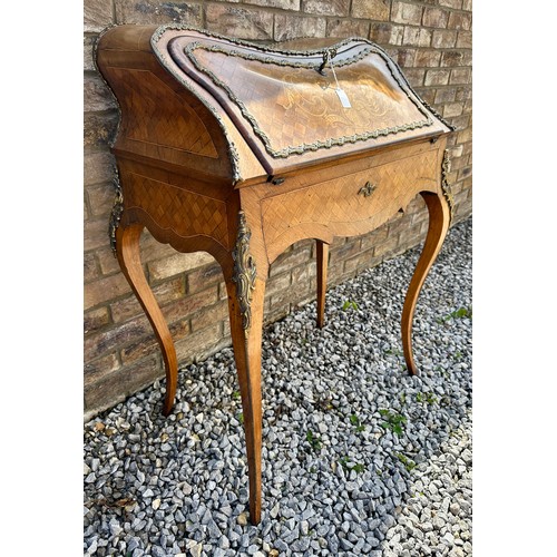 1 - A French style marquetry and parquetry ladies desk with cabriole legs, ormolu mounts and fitted draw... 