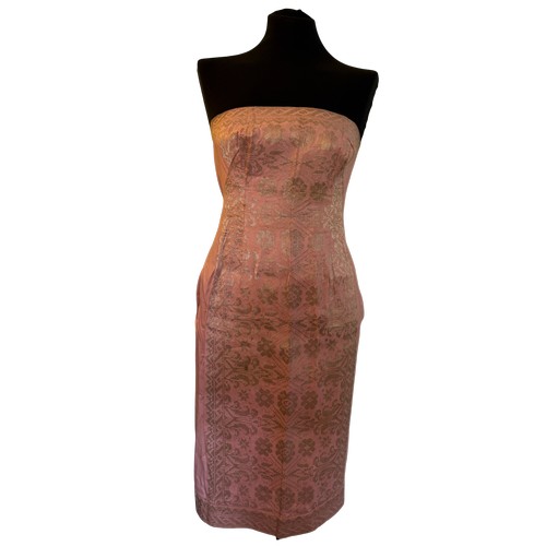 Doris-Geddes-Raffles hotel-Singapore. Pink/gold sari cotton jacquard  strapless dress with gold flowe