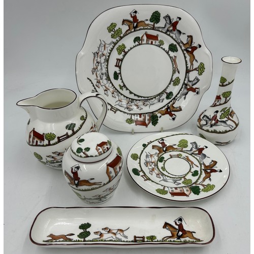 44 - A collection of 'Hunting Scenes' to include Crown Staffordshire: cake plate, lidded jar, bud vase, s... 