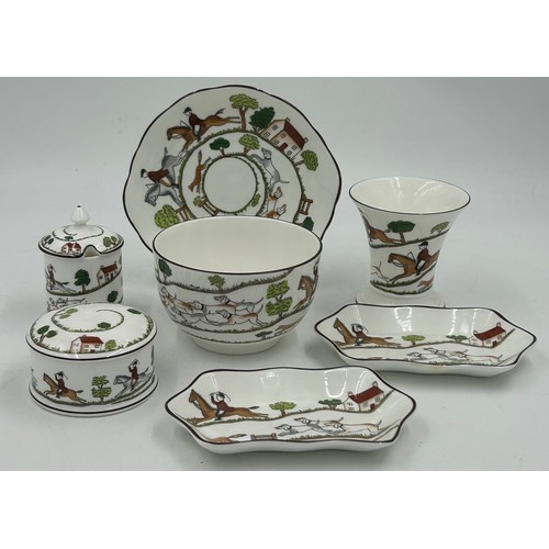 44 - A collection of 'Hunting Scenes' to include Crown Staffordshire: cake plate, lidded jar, bud vase, s... 