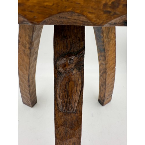 11 - Kingfisherman, Herbert Bird. A three legged oak stool with adzed decoration to legs and Yorkshire Ro... 