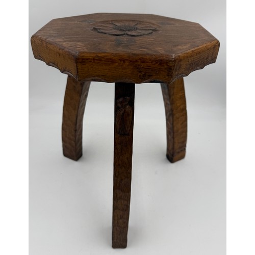 11 - Kingfisherman, Herbert Bird. A three legged oak stool with adzed decoration to legs and Yorkshire Ro... 