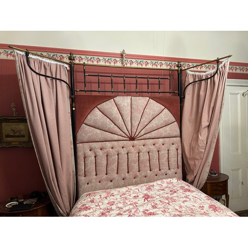 5 - A Victorian brass and iron half tester brass and iron double bedstead 4’6” w x 6’4” l with metal spr... 
